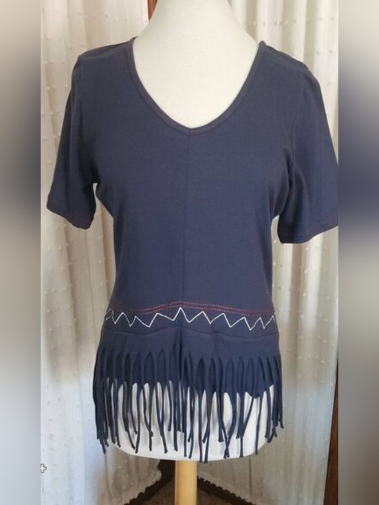 Cruel Girl Tops - Cruel Women’s Navy short sleeved Fringed Western Inspired V-Neck Knit Top